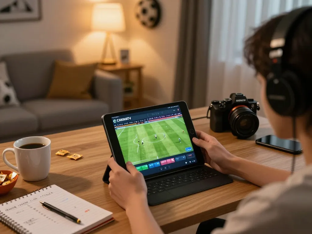 Engaged user betting on CAKHIATV while enjoying a live football match at home.