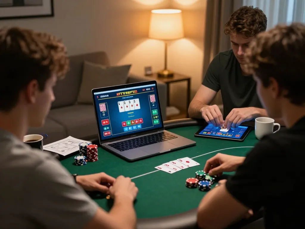 Playing online poker on LC88 with strategic insights, engaging home gaming atmosphere.