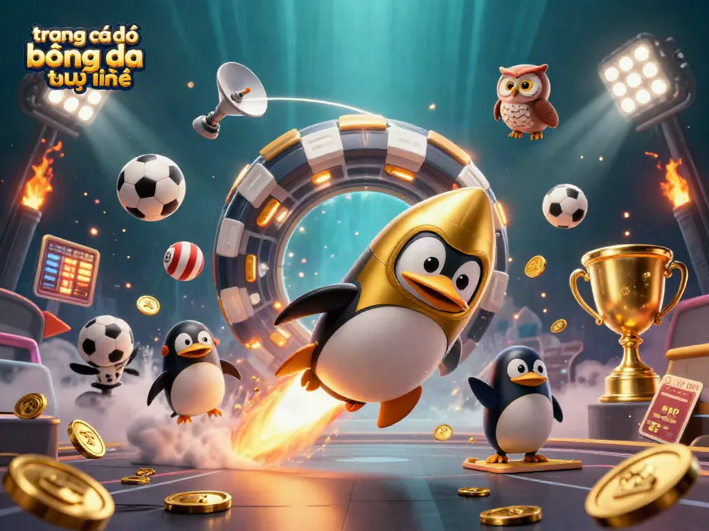 Cá độ bóng đá trực tuyến: Hình ảnh động mãnh liệt với gà penguin vàng và các bóng thể thao bay xung quanh.