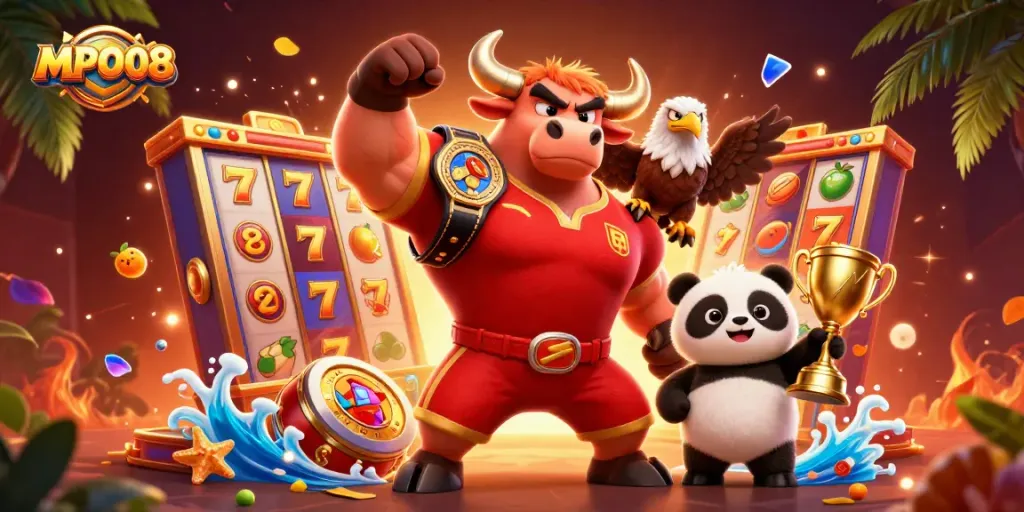 MPO08 players spin slot reels while celebrating with a bull mascot, eagle, and panda in a vibrant casino scene.