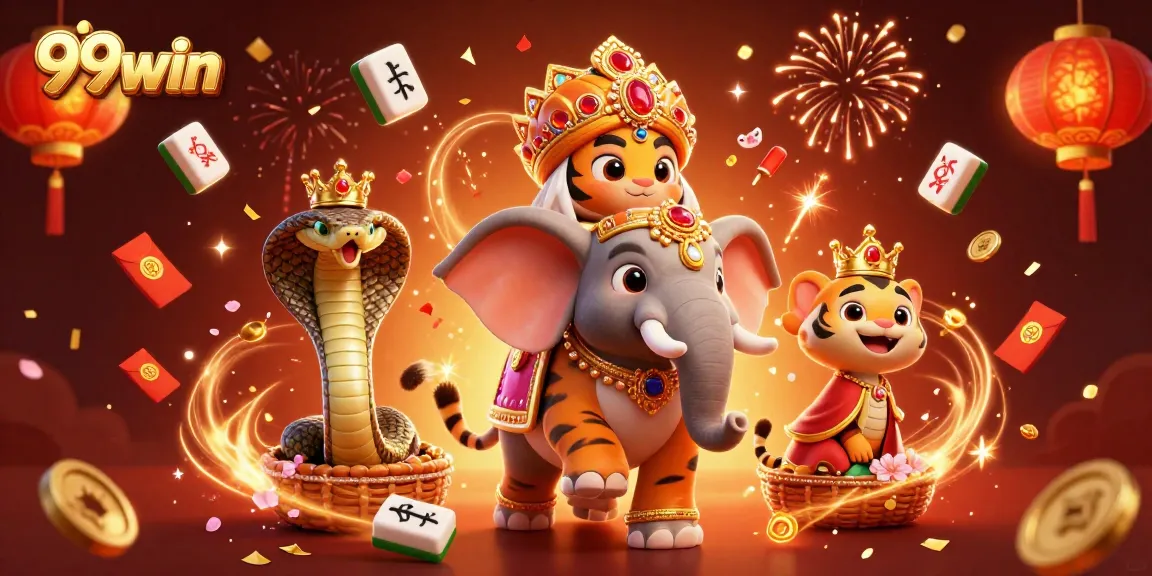 Engage with exhilarating slots action at 99win as the maharaja tiger and elephant celebrate wins amidst vibrant casino elements.