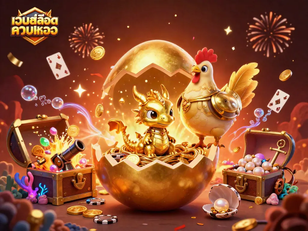 วางเกมสล็อตเว็บสล็อตเว็บตรง ค่ายใหญ่ ในภาพ 3D ของไข่ทองคำแตกออก