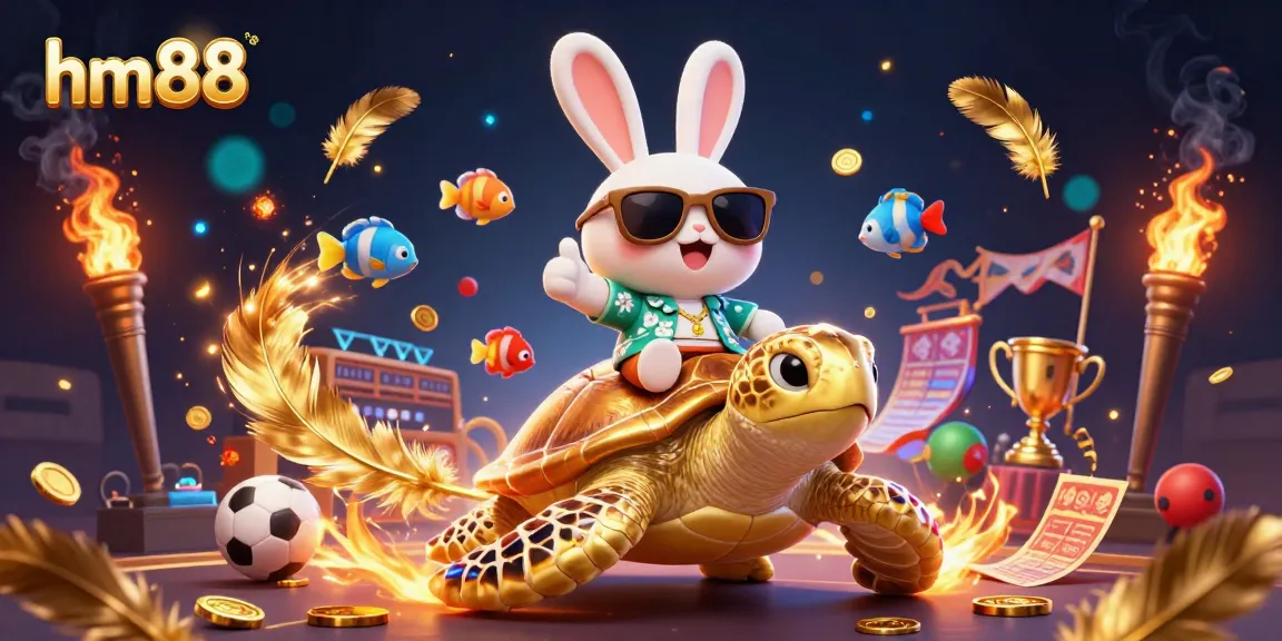 Bet on exciting sports action with hm88, featuring a lucky rabbit and golden turtle in vibrant casino style.