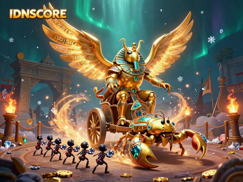 IDNSCORE features a dynamic 3D illustration of golden characters and casino elements, showcasing excitement and variety.