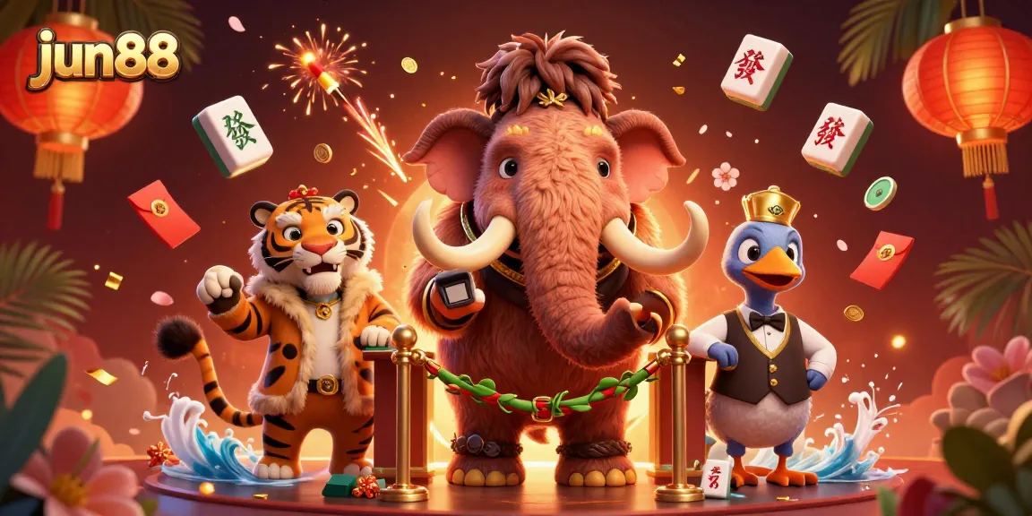 Experience the vibrant energy of jun88 casino with a woolly mammoth bouncer, saber-tooth VIP, and lively casino elements.