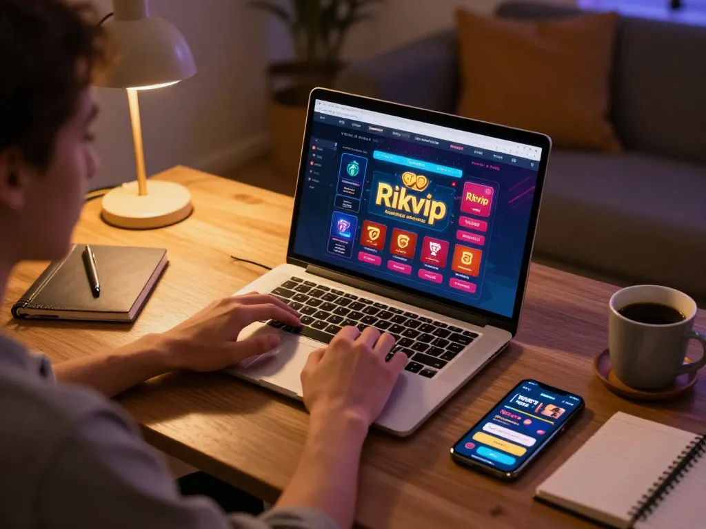 Person engaging with the Rikvip online casino app, showcasing a vibrant gaming environment.