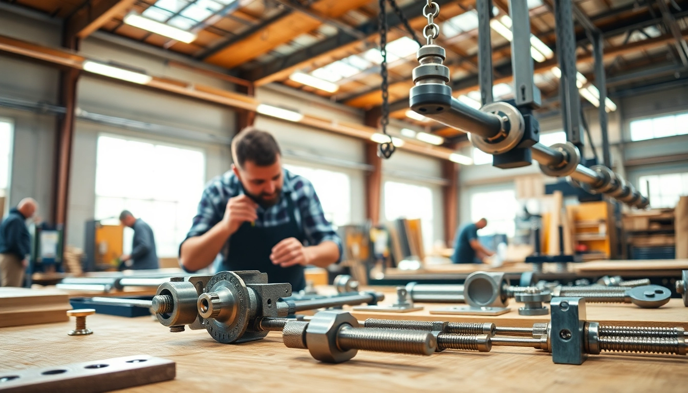 Showcase of furniture hardware manufacturers creating durable hardware components in a vibrant workshop.
