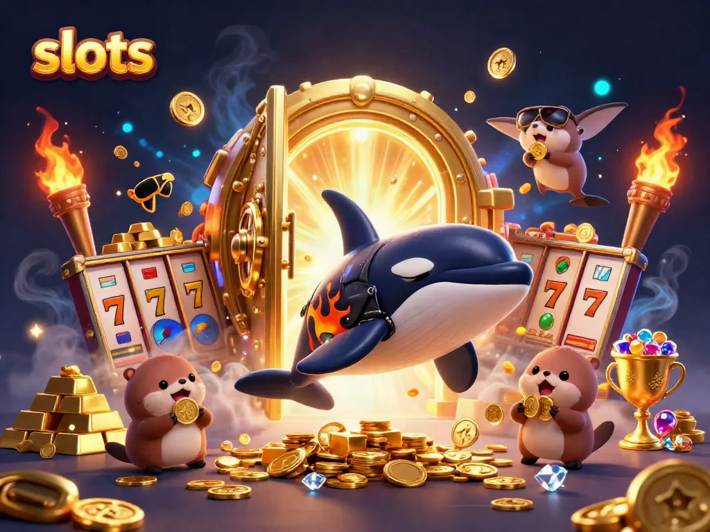 Experience the thrill of slots as a playful orca, stingray, and otters celebrate with treasures and jackpot symbols.
