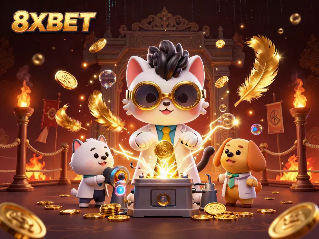 Join 8XBET for exhilarating gaming experiences with a mad scientist cat and loyal dog surrounded by golden coins and dynamic elements.