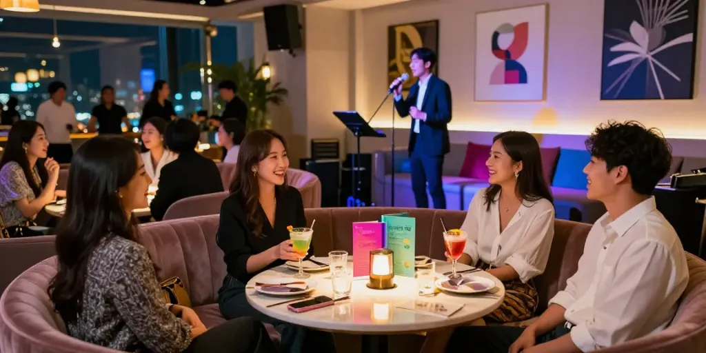 강남 세이렌에서 친구들이 함께 즐거운 시간을 보내고 있는 모습, 고급스러운 분위기와 음료가 어우러져 있습니다.