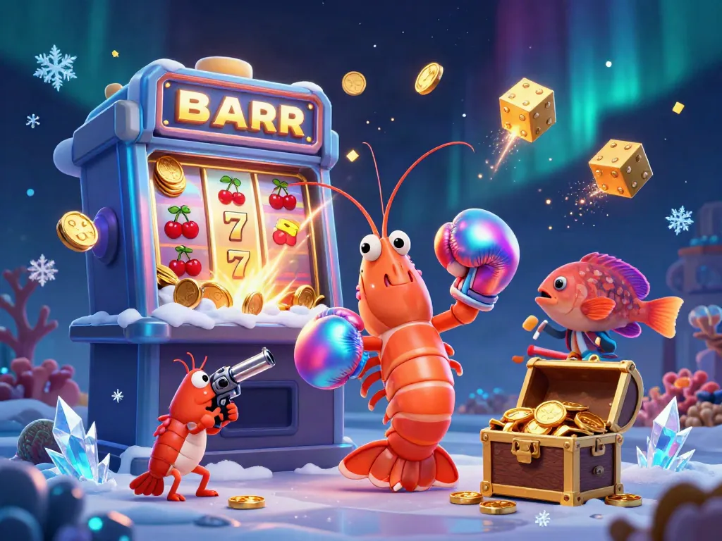 IDNSCORE showcases a vibrant 3D scene with cartoon mantis shrimp and casino elements, celebrating online gaming.