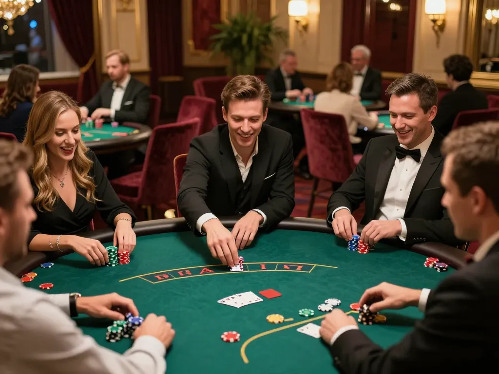 Players at LuckyWin casino engaged in a high-stakes poker game, showcasing excitement and strategic betting.