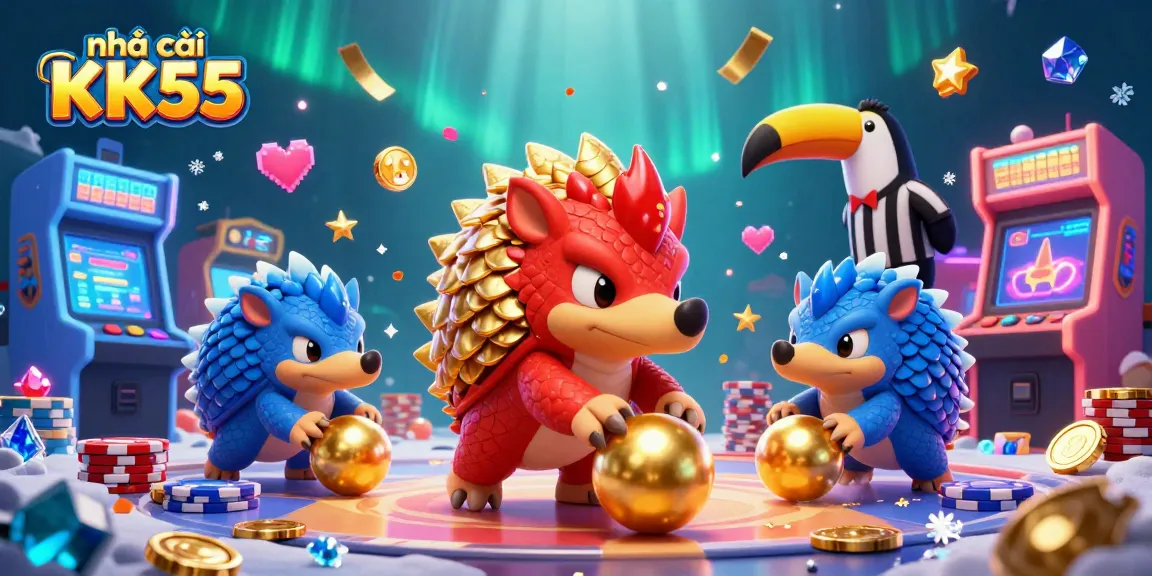 Engage with nhà cái KK55 as colorful pangolins compete in a casino-themed illustration.