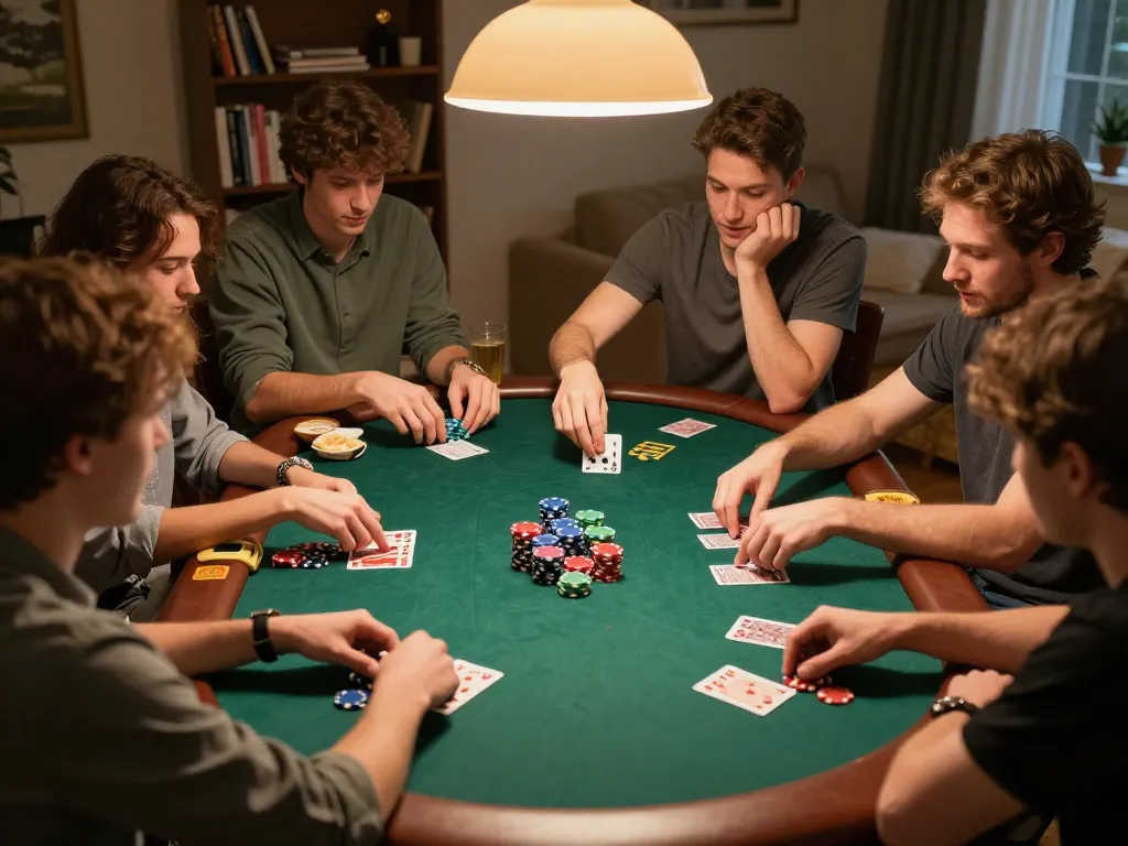 Friends enjoying a lively poker game at home, showing strategic moments and action, cakhiatv86 experience