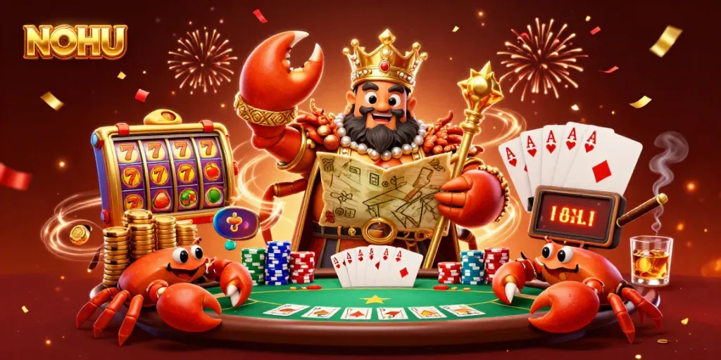 Engaging scene with NOHU's golden crab emperor holding a treasure map amid vibrant casino gaming elements.
