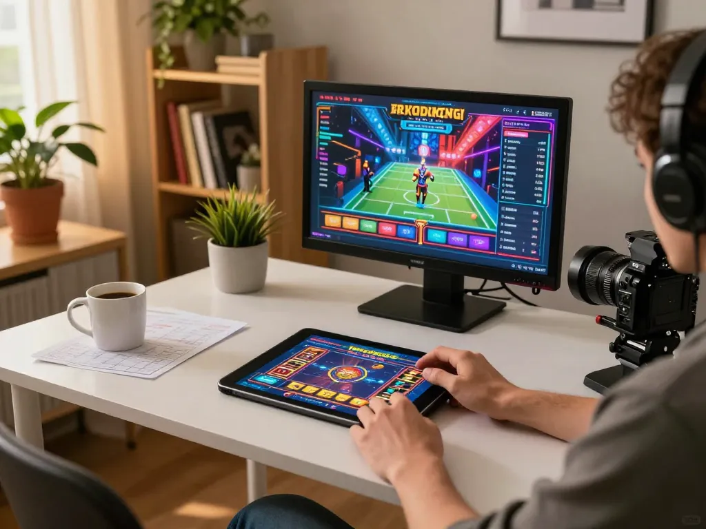 Player enjoying MK8 online casino games on tablet during cozy home gaming session, highlighting strategic gameplay.