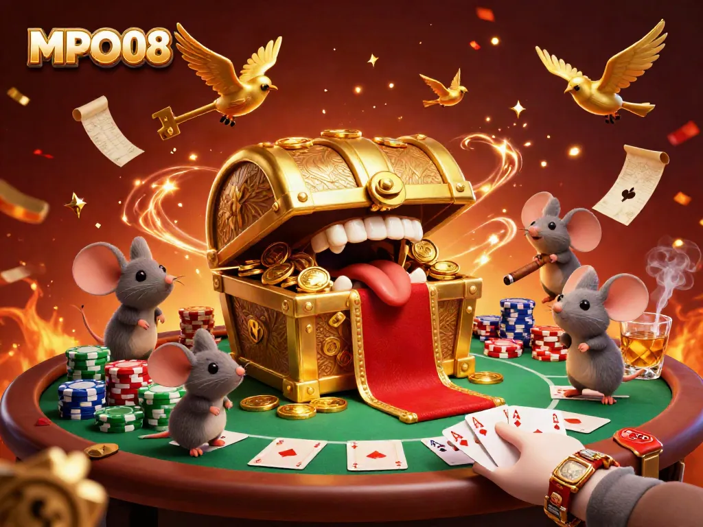 Engage with MPO08 at a vibrant casino scene filled with treasures and gamblers.