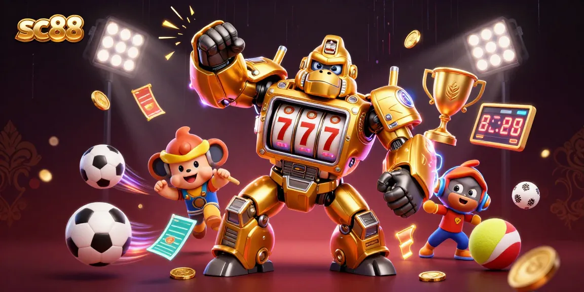 sc88 showcases a vibrant casino scene with a golden gorilla mech, exploding coins, and dynamic sports elements.