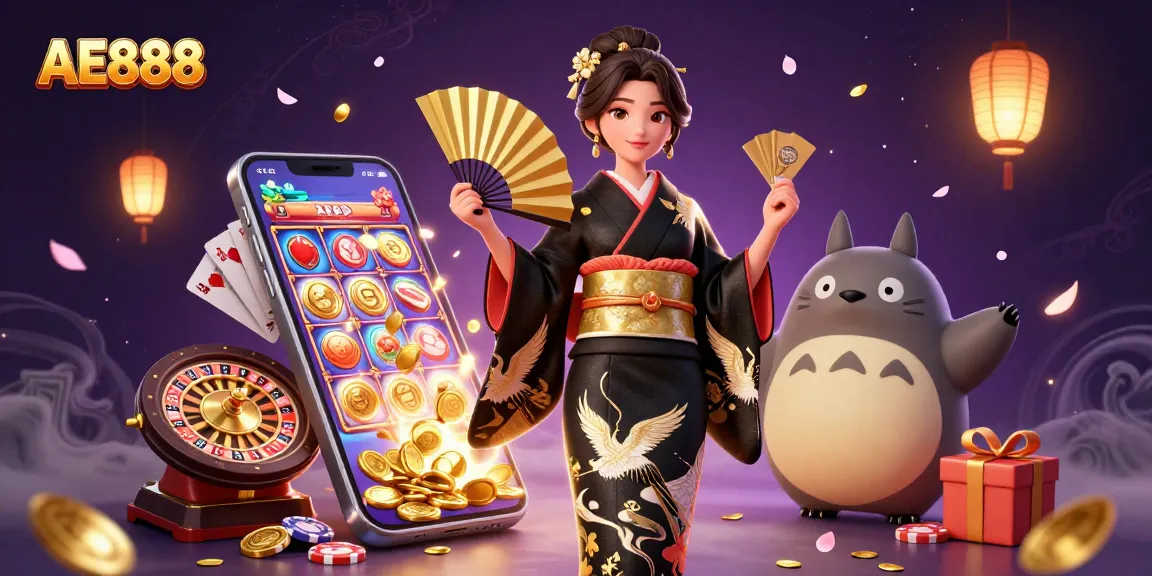 Experience AE888's vibrant gaming atmosphere with 3D characters in a dynamic casino scene.