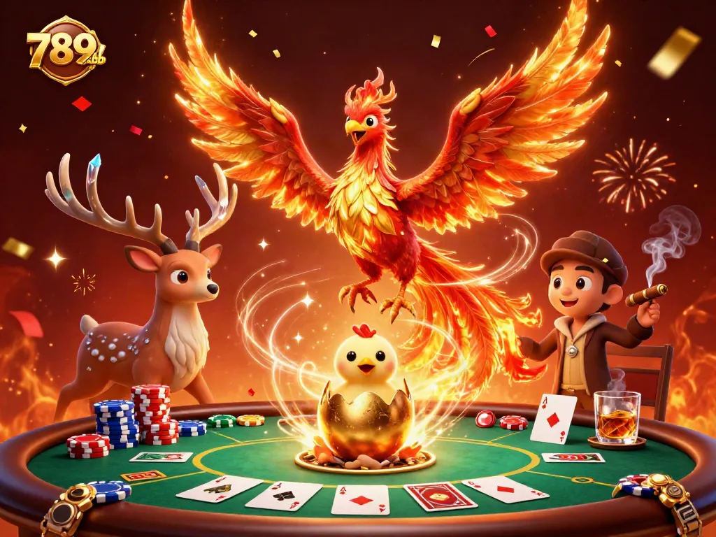Engage with 789clubb's dynamic poker scene featuring a phoenix and a mystical stag.