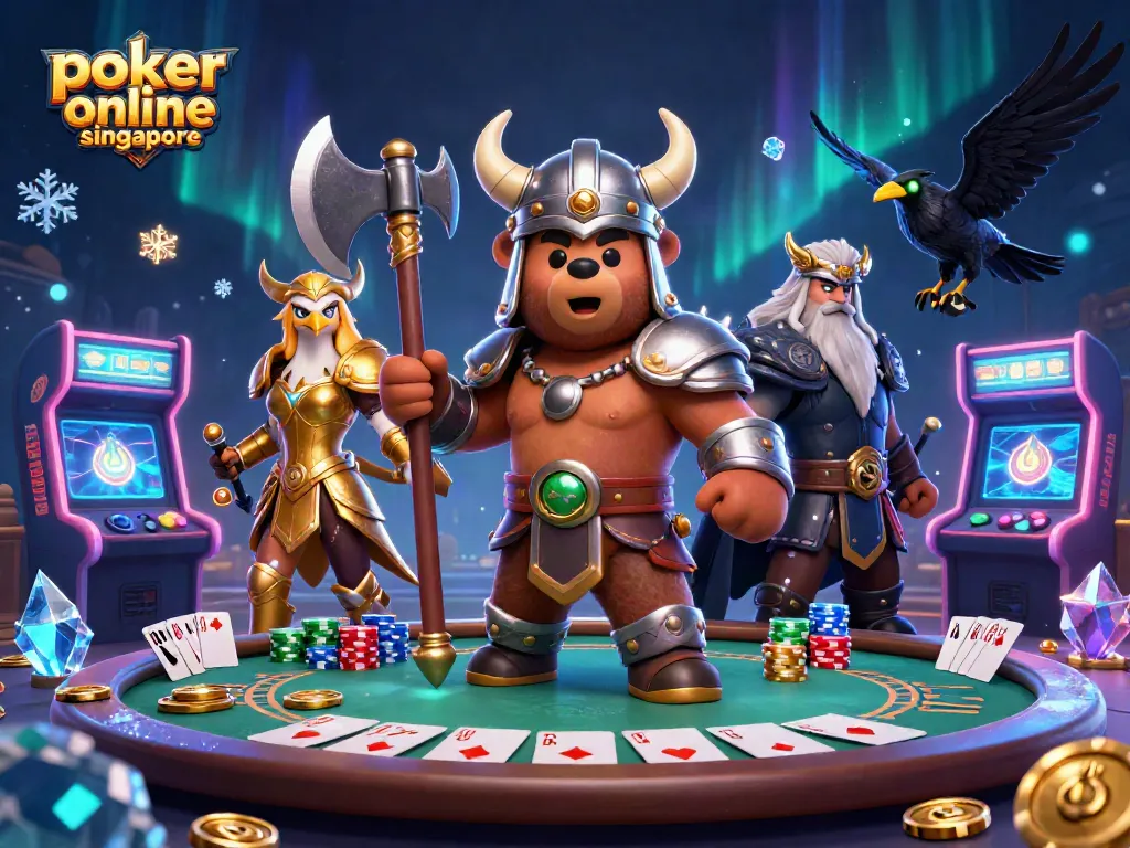 Play poker online in Singapore with exciting visuals of classic casino elements.