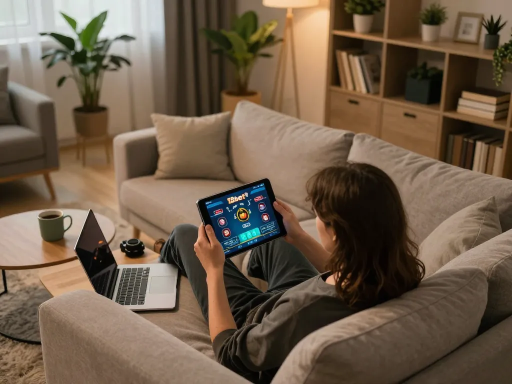 Người chơi đang sử dụng ứng dụng 12bet trên máy tính bảng trong không gian ấm cúng tại nhà.