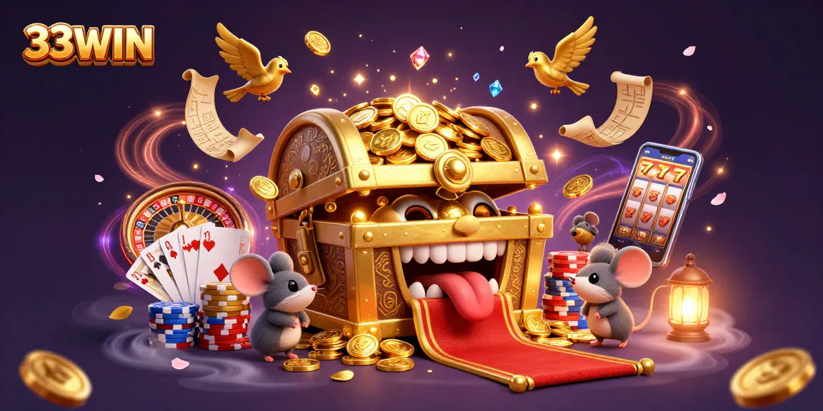 Engage with 33WIN's golden treasure chest while winning big in this dynamic casino illustration.