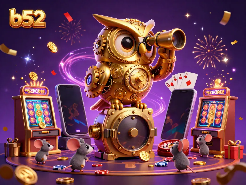 Experience the thrilling b52 casino adventure with an owl overseeing vibrant games, slot machines, and prizes.