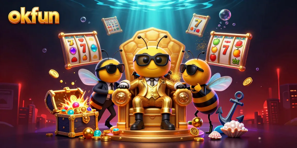 Spin to win with okfun's vibrant casino-themed illustration showcasing thrilling slot games.