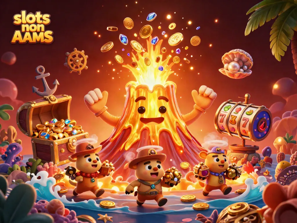 Gioca con le slot non AAMS mentre il vulcano d'oro erutta gemme e monete in un'illustrazione vivace.