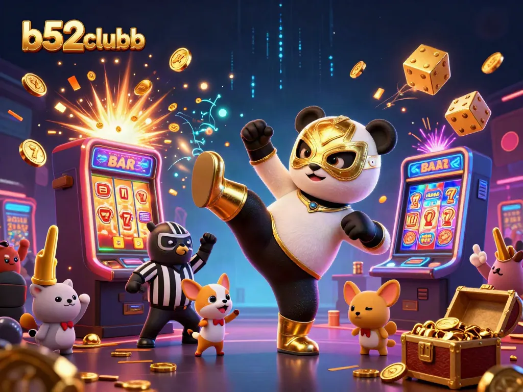 b52clubb unleashes excitement with a vibrant 3D representation of a wrestling panda winning at slots amidst a lively crowd.