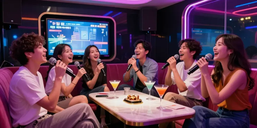 강남 달토에서 친구들이 즐거운 시간을 보내는 화려한 가라오케 방
