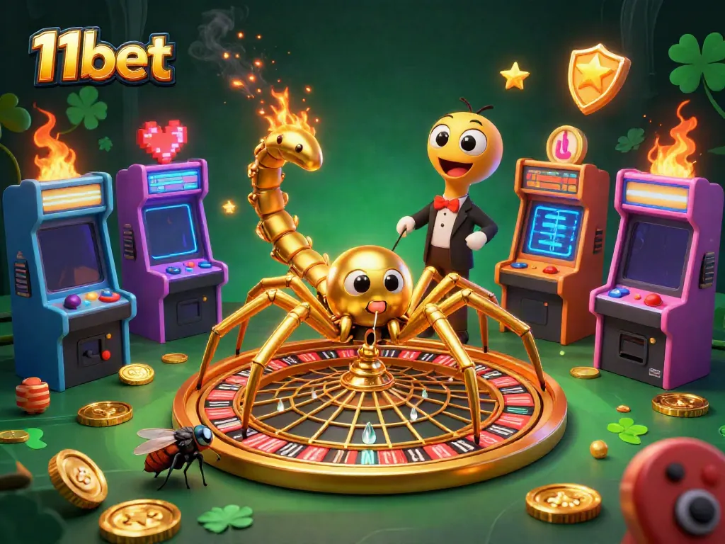 Experience thrilling gameplay with 11bet's vibrant casino scene featuring a golden spider, fly, and centipede croupier.