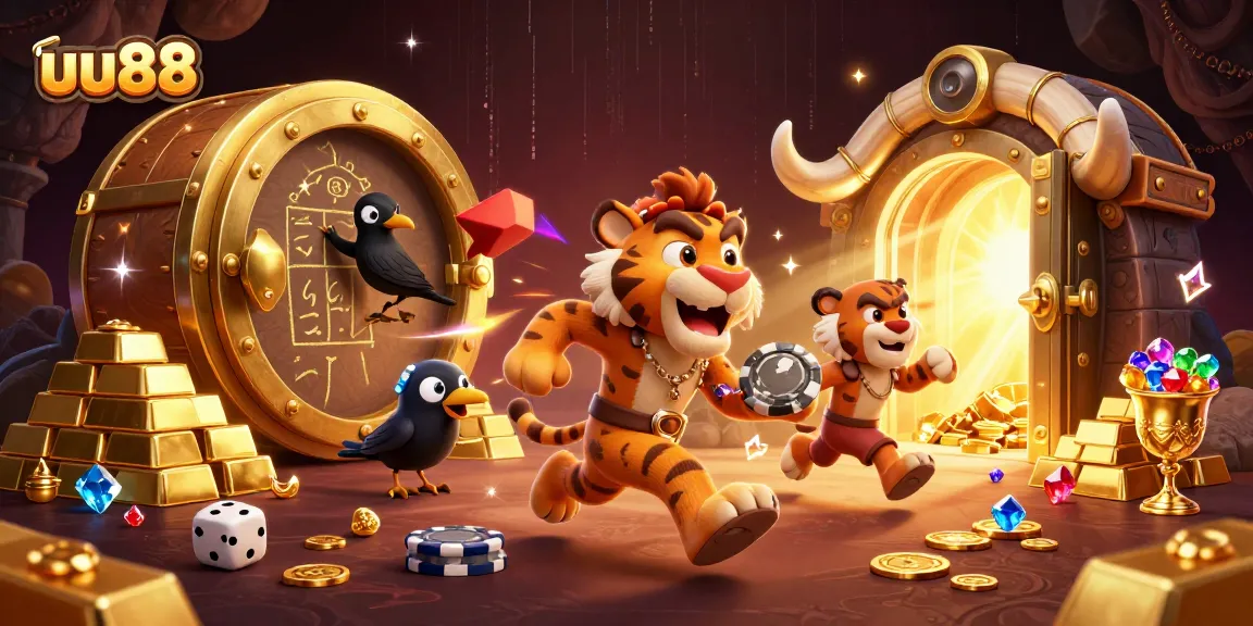 uu88 brings alive a vibrant prehistoric casino scene featuring a caveman duo and a clever crow.