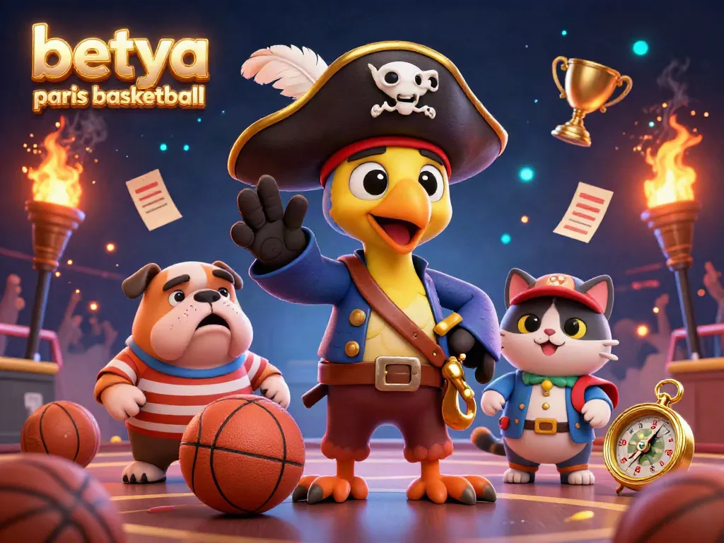 Betya Paris Basketball sports betting scene with a pirate theme, featuring animated stadium elements and playful characters.