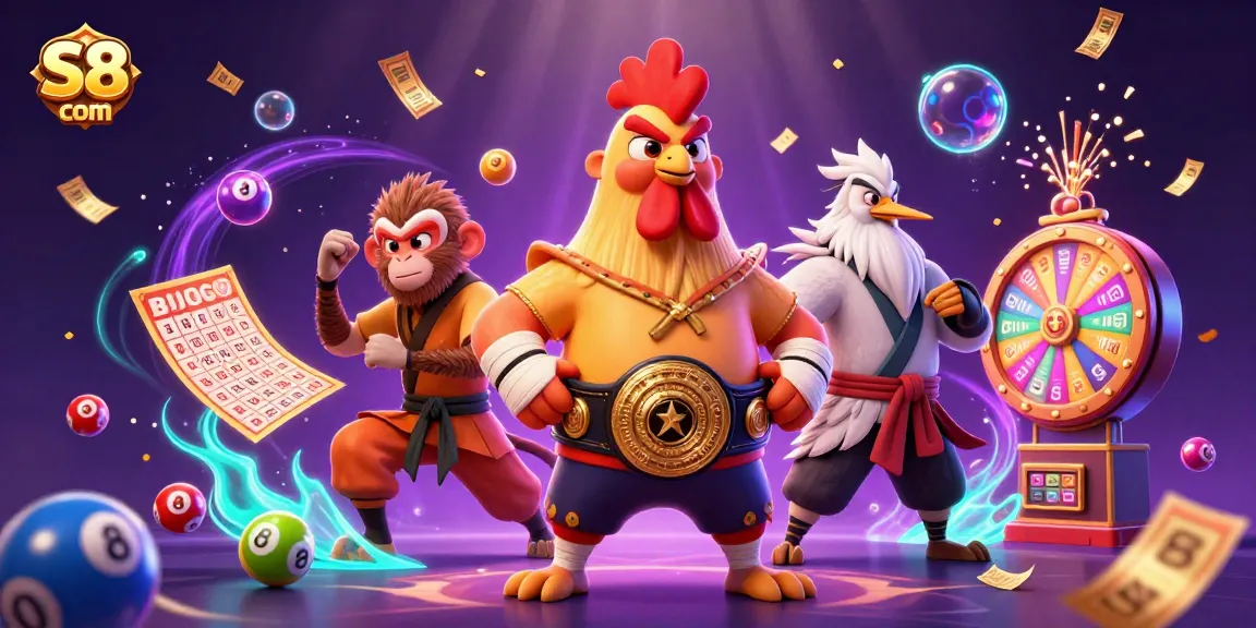 S8 com presents a thrilling scene with vibrant characters in a casino setting, featuring dynamic lottery elements and rich visuals.