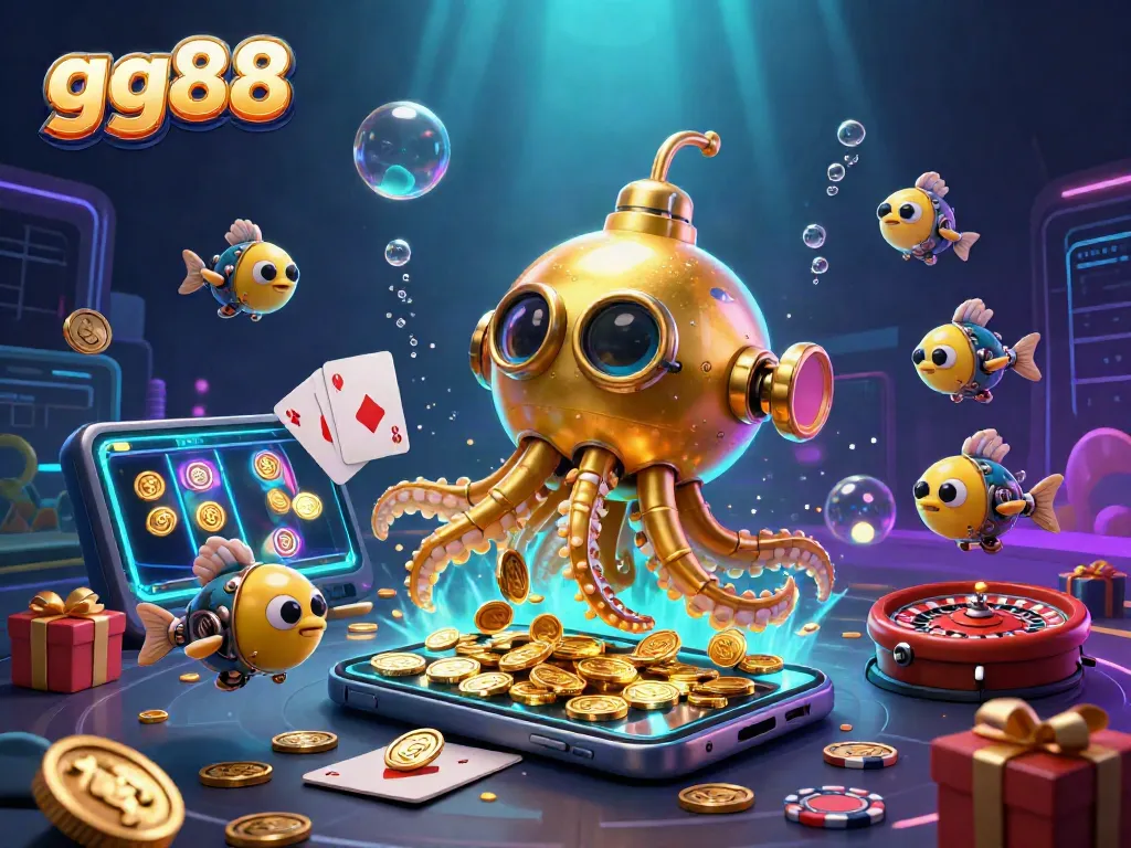Bet on gg88's vibrant slots, featuring colorful games and golden coins in a dynamic underwater scene.