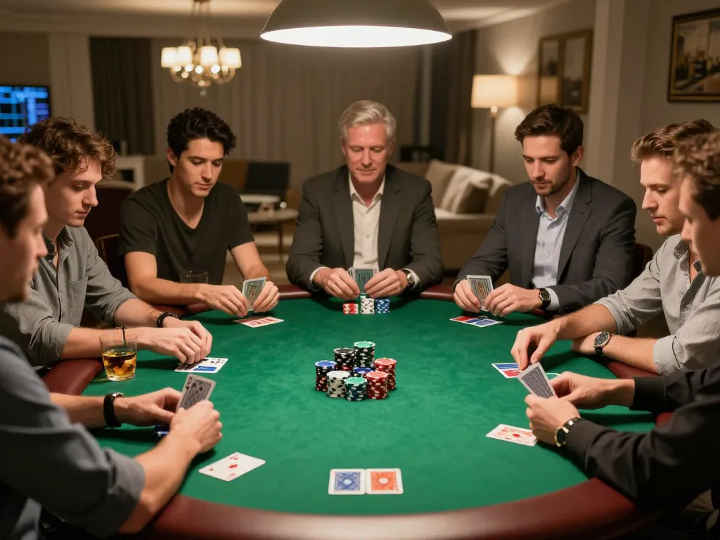 Engaged players at vipwin79 poker table, showcasing vibrant chips and strategic hands.