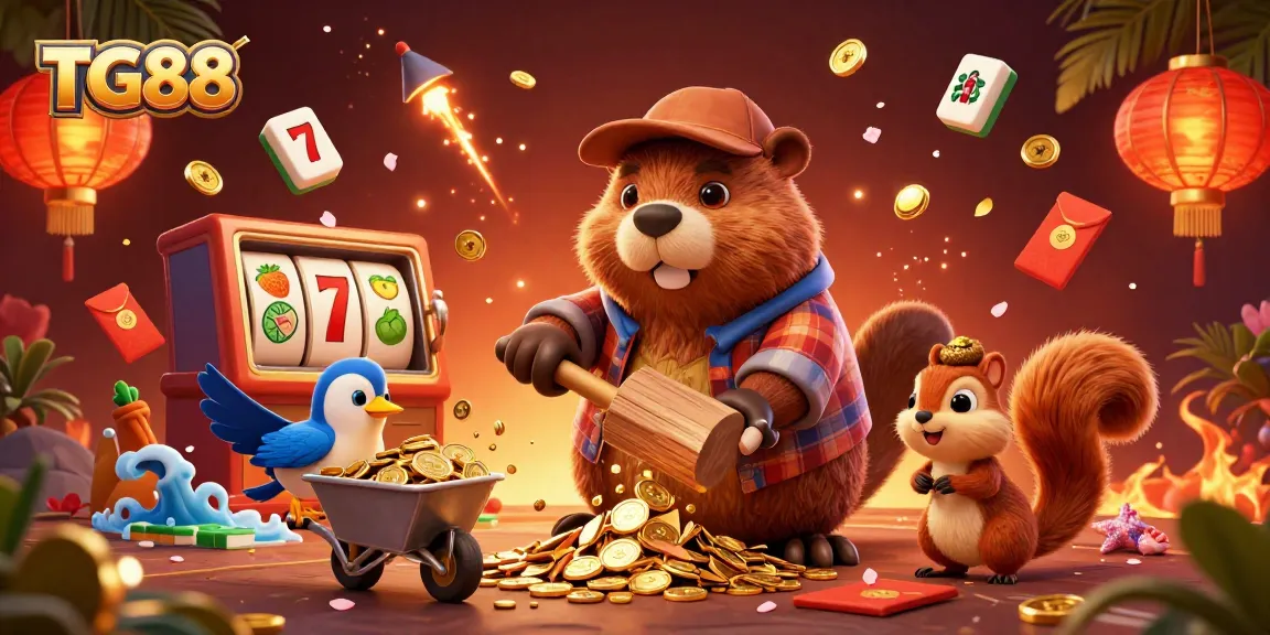Engage with TG88's thrilling casino world featuring cartoon beaver and golden coins.
