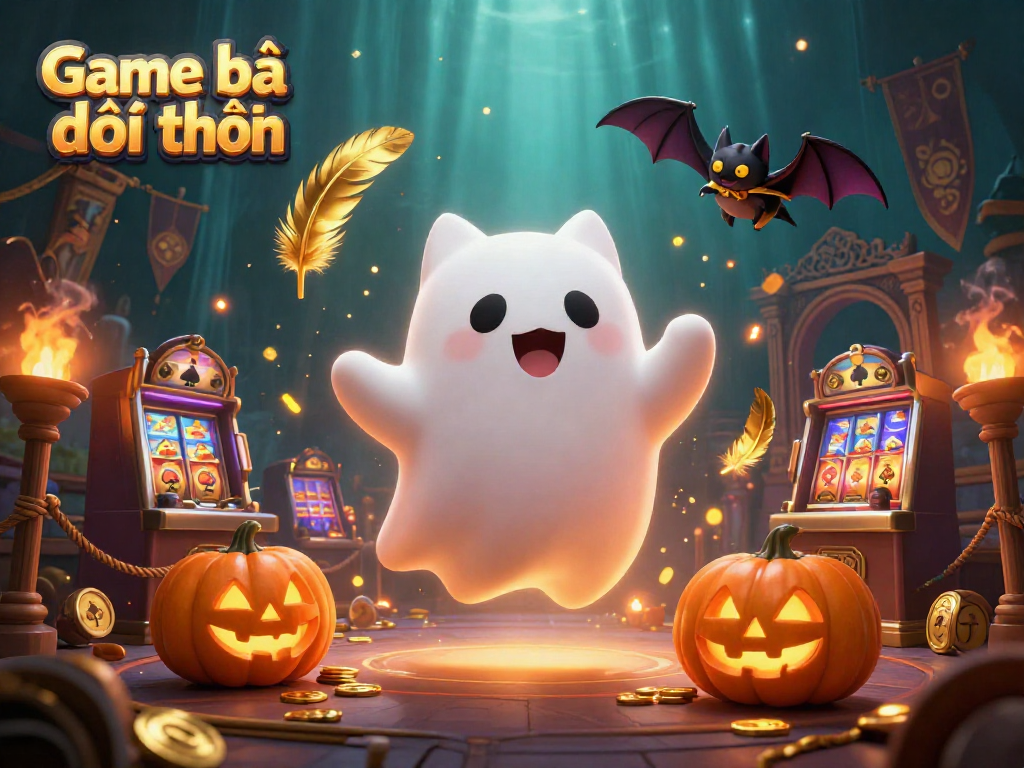 Experience the thrill of Game bài đổi thưởng with a playful ghost cat and bat in a vibrant casino scene.
