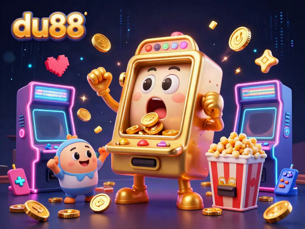 Experience the excitement of du88 with a cartoon golden slot machine winning a jackpot amidst cheering baby slots.
