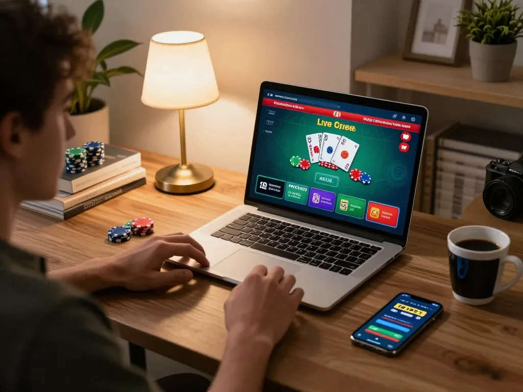 Engaging in live dealer blackjack gameplay on F8BET's online casino from a cozy home setup.