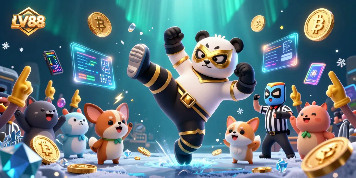 Experience the excitement of LV88 with a vibrant scene featuring a wrestler panda and crypto elements.