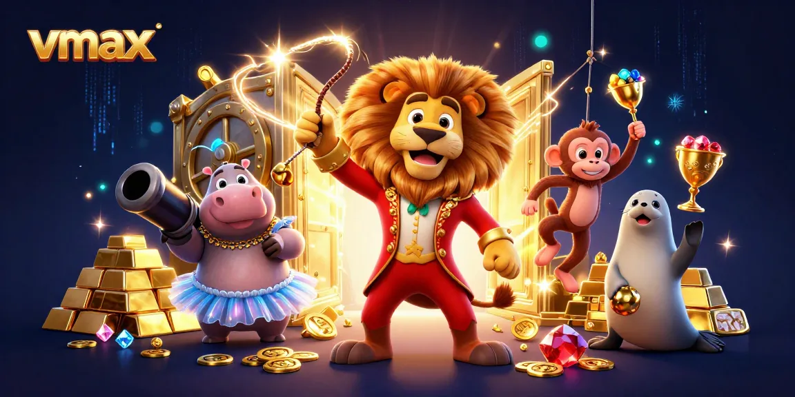 Play thrilling games with vmax's vibrant circus-themed scene featuring dazzling characters and rich casino elements.