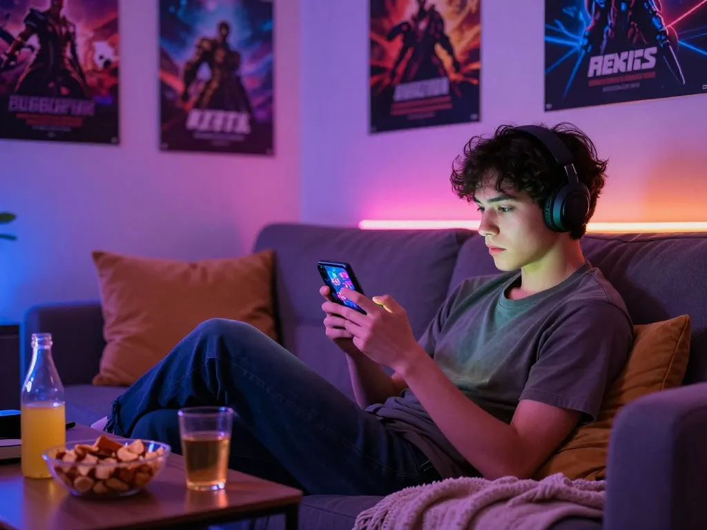 Engaged player enjoying a mobile porn game on their smartphone in a cozy, ambient-lit room.