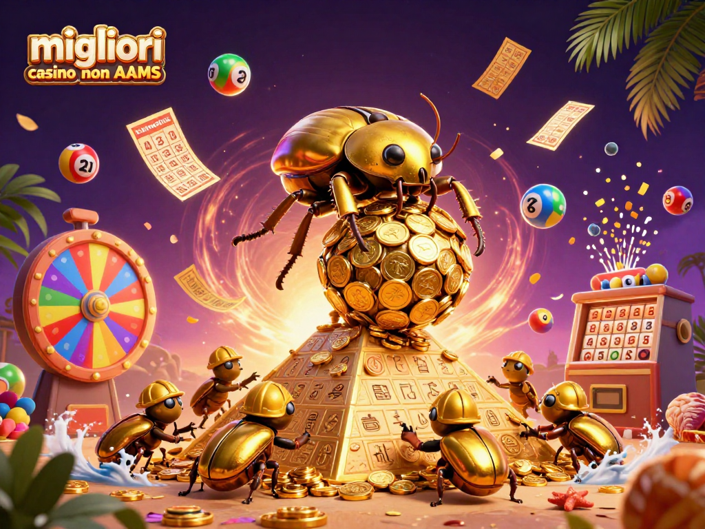 Scopri i migliori casino non AAMS con la nostra illustrazione vivace e dinamica che rappresenta un emozionante mondo di gioco e premi.