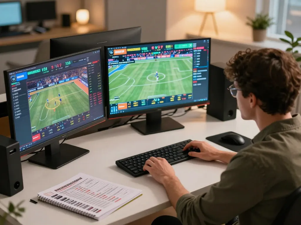 Intense analysis of Tỷ lệ kèo nhà cái at home sports betting setup with multiple screens and notebooks