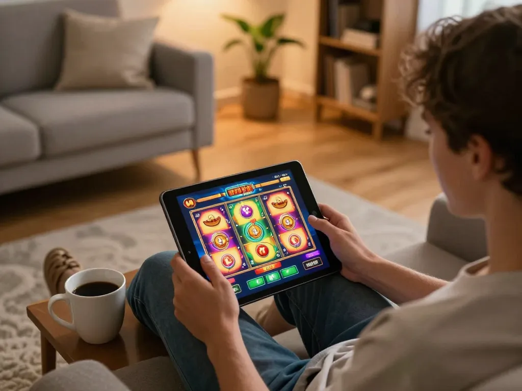Engaging with slot888 game on a tablet at home in a cozy setting, showcasing relaxed online gaming experience