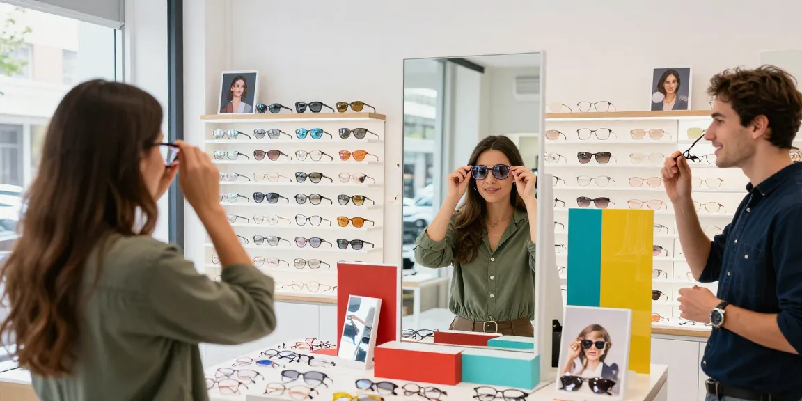 Discover ótica online with a customer trying stylish eyeglasses in a vibrant optical store.