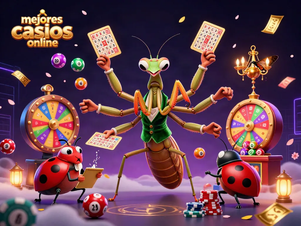 Ilustra los mejores casinos online, mostrando una escena vibrante de un camaleón repartidor y un escarabajo de jefe de sala.